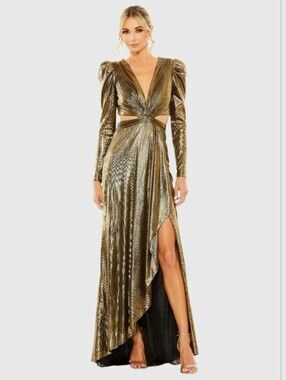 Mac Duggal 27060 Princess Sleeve Cut Out Metallic Gown NWT